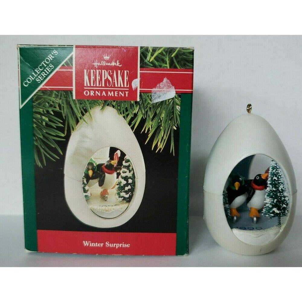 1990 Hallmark Winter Surprise Keepsake Ornament Ice Skate Penguins U19